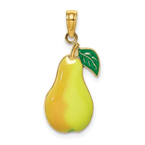 14k Yellow Gold W/ Enamel Pear With Stem and Leaf Necklace Charm Pendant